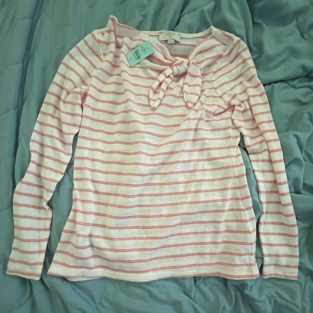 BRAND NEW W TAGS loft scarlet/white striped sweater with bow